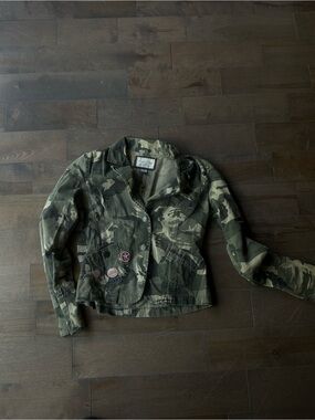 Camo Button-Front Military Jacket with Patch Details